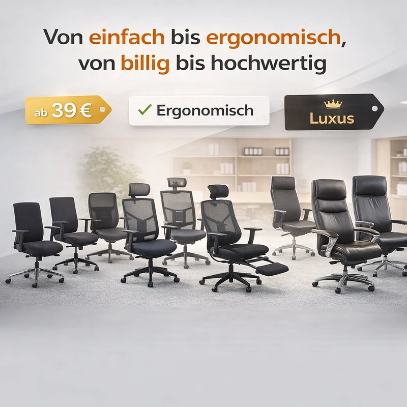 Ausstellung mit verschiedenen Bürostühlen, von einfach bis ergonimisch, von billig bis hochwertig